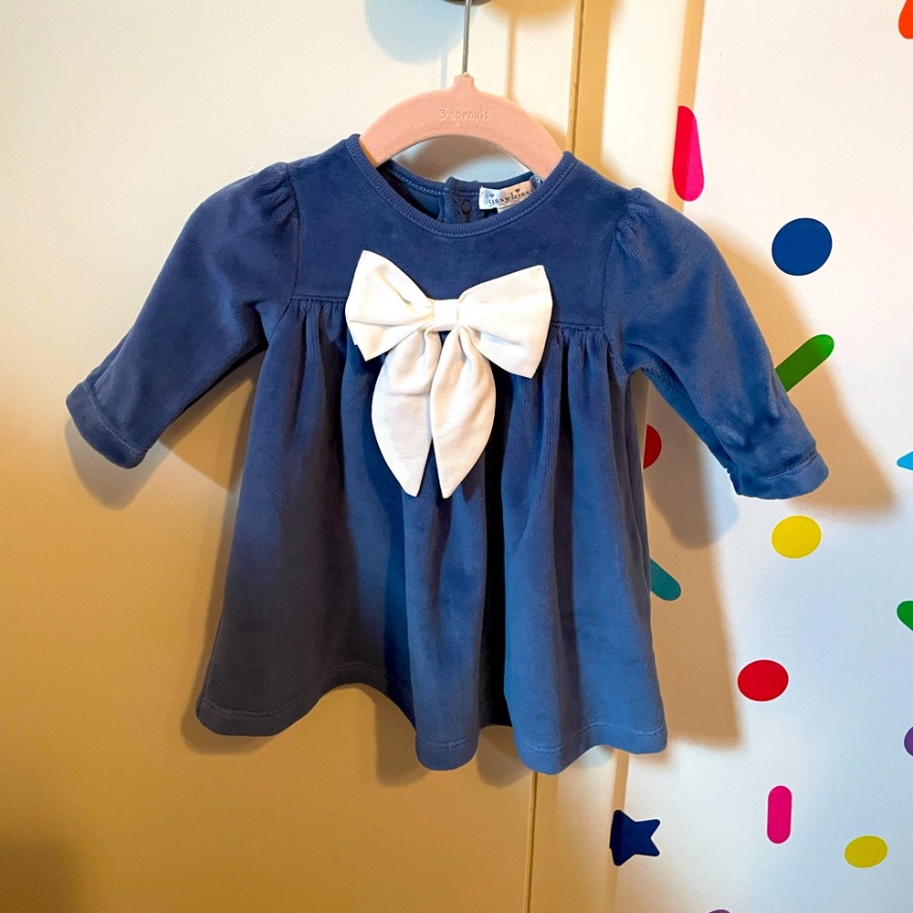 Kissy Kissy infant 0-3 month velvet blue dress white bow worn once for pictures
